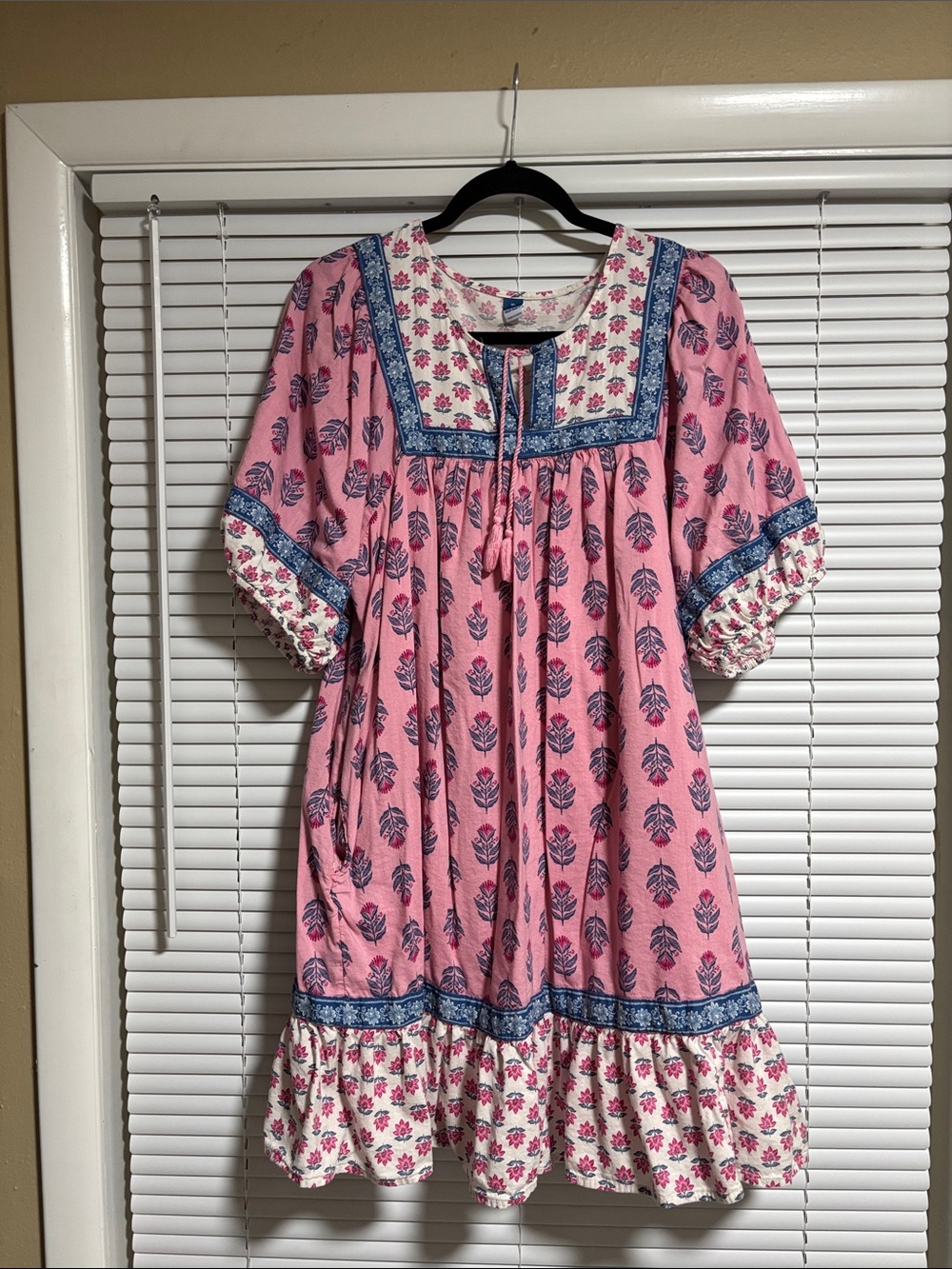 Old Navy Pink Floral Mini Dress with Blue Trim